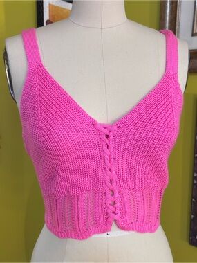 Pink Knit Braided Front Crop Tank Top
